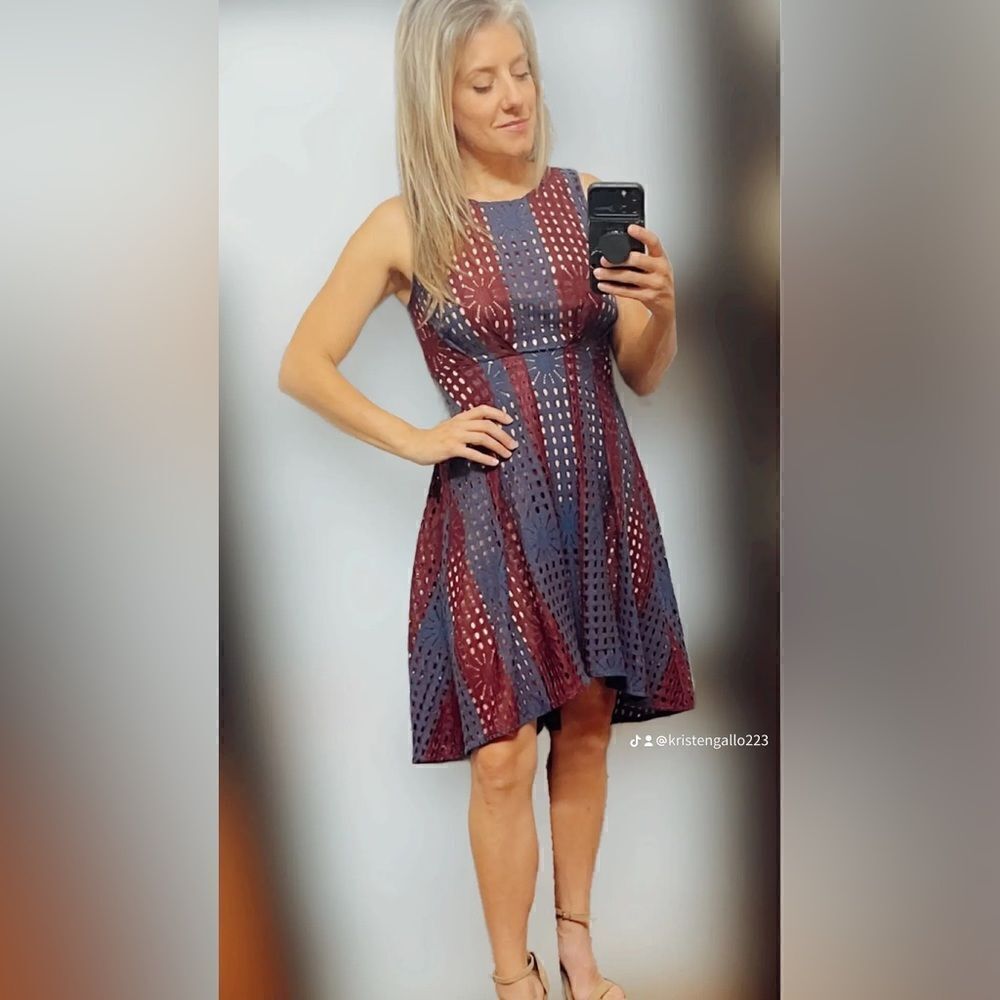 Eva Franco Anthro Navy & Burgundy “Samantha” Fit & Flare Eyelet Hi/Low Dress(0P)